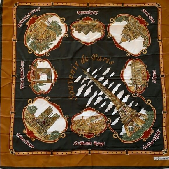 Vtg Souvenir de Paris gold green tourist scarf - Picture 1 of 12